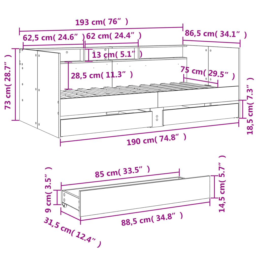 Divano Letto con Cassetti senza Materasso 75x190 cm | homemem39