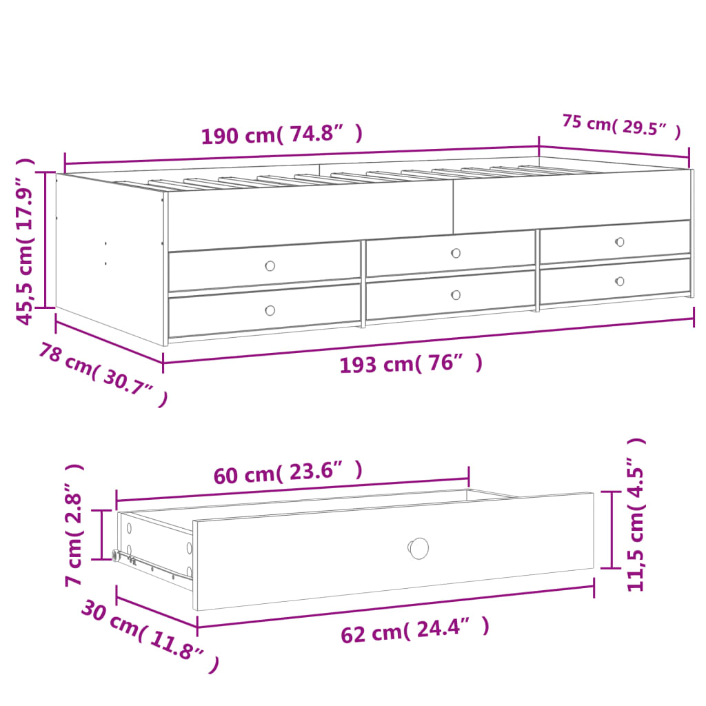 Divano Letto con Cassetti senza Materasso Rovere Fumo 75x190 cm | homemem39