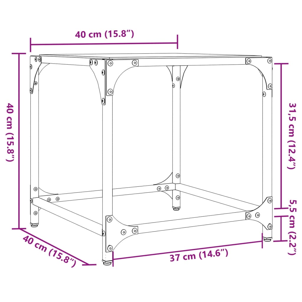 Tavolino Salotto con Piano Vetro Trasparente 40x40x40cm Acciaio