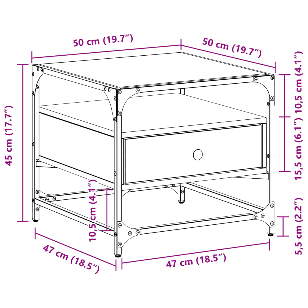 Tavolino con Piano in Vetro Rovere Fumo 50x50x45 cm Acciaio | homemem39