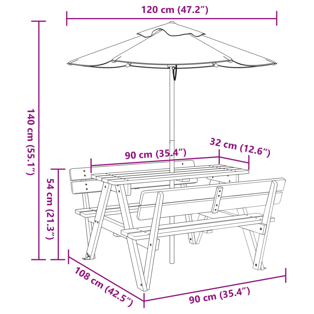 Tavolo da Picnic per 4 Bambini con Ombrellone Legno di Abete | homemem39