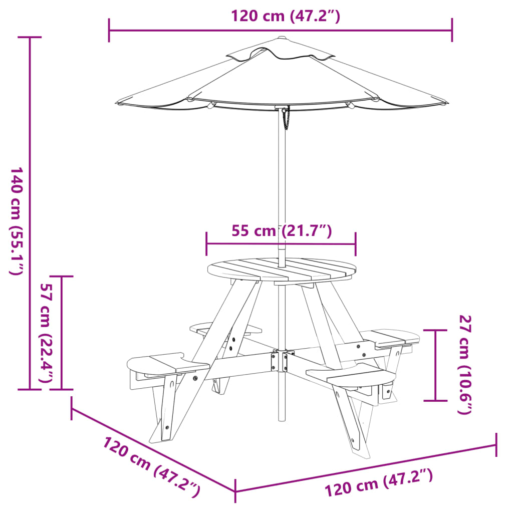 Tavolo Picnic per 4 Bambini con Ombrellone Rotondo Legno Abete | homemem39