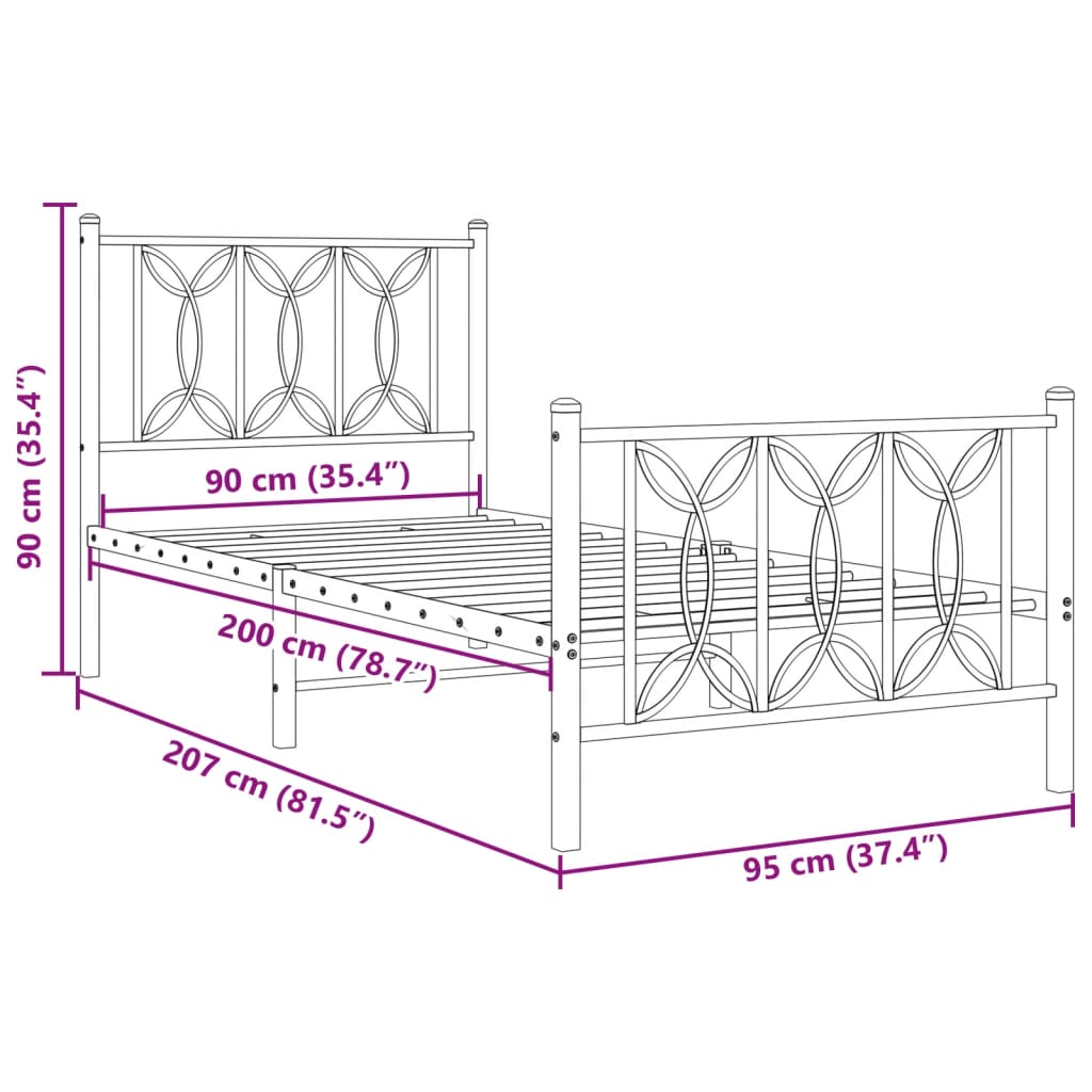 Giroletto con Testiera e Pediera Metallo Nero 90x200 cm | homemem39