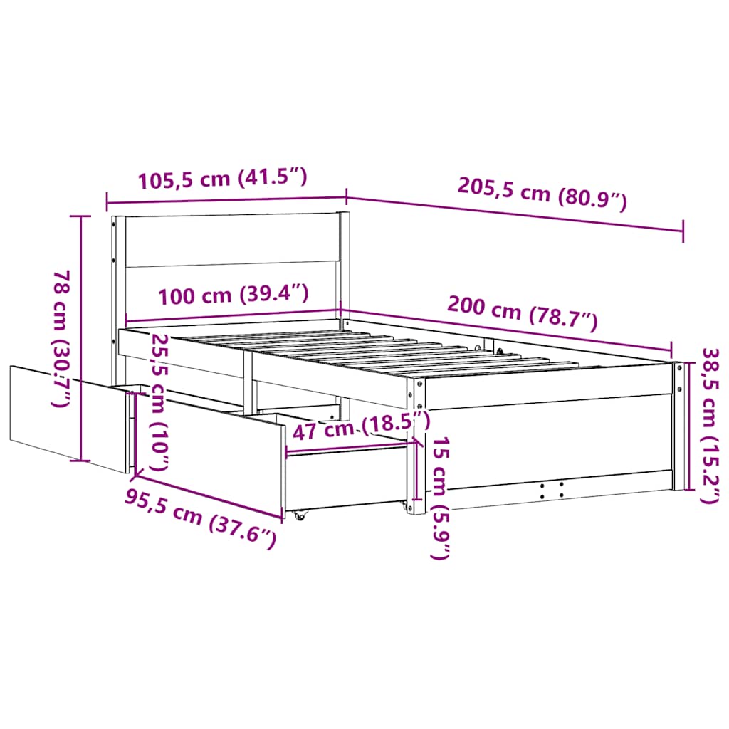 Letto senza Materasso Marrone Cera 100x200 cm in Legno di Pino | homemem39