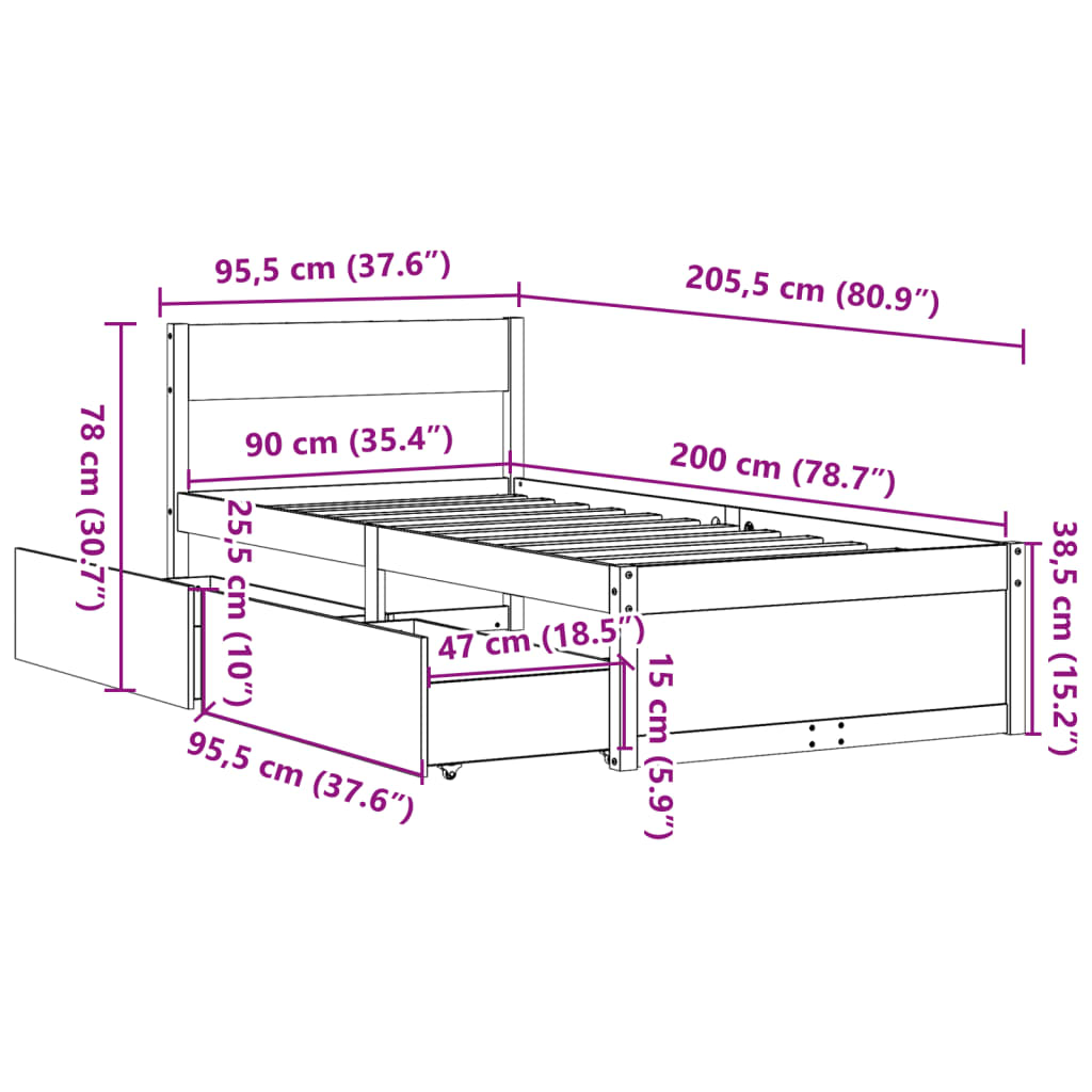 Letto senza Materasso 90x200 cm in Legno Massello di Pino | homemem39