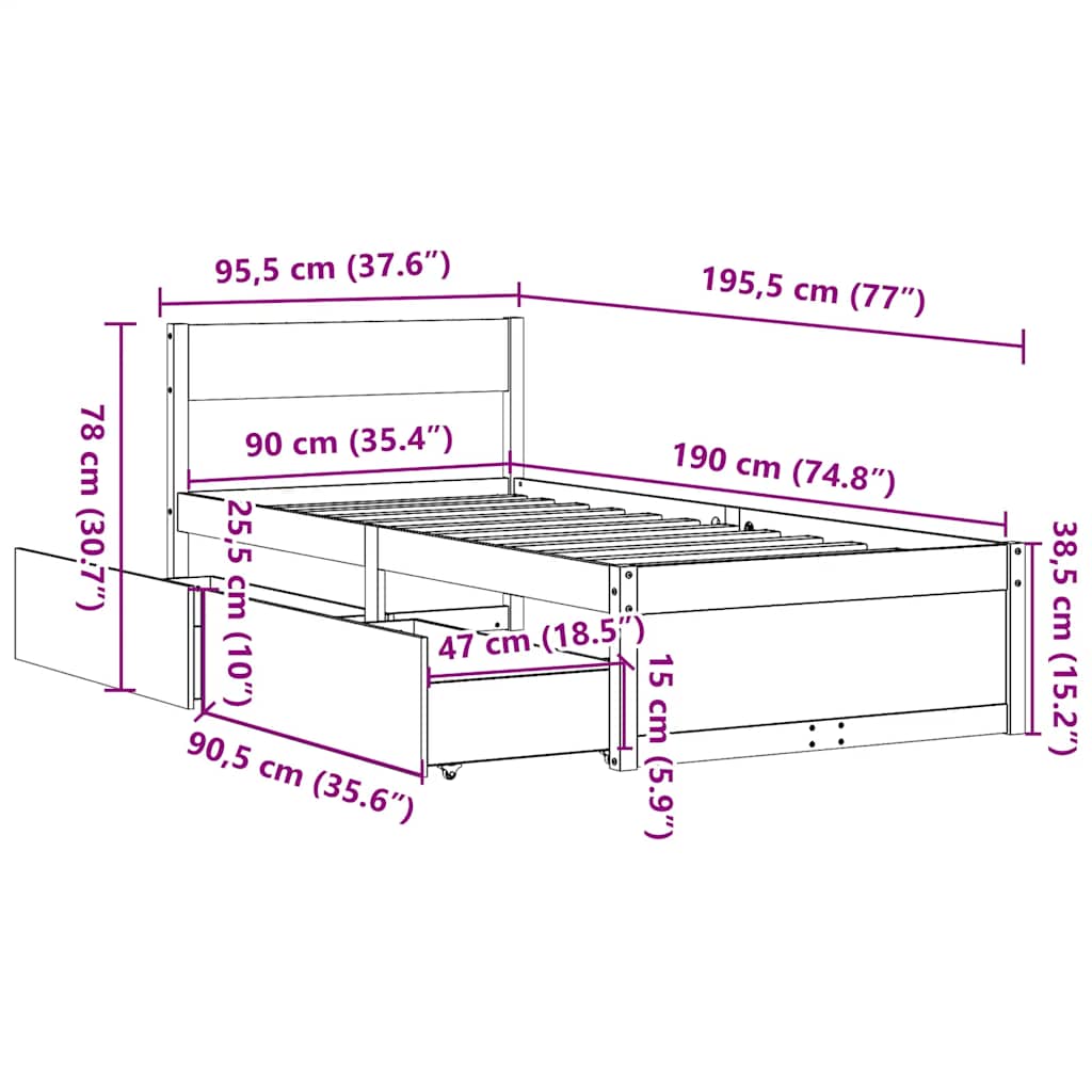 Letto senza Materasso Marrone Cera 90x190 cm in Legno di Pino | homemem39