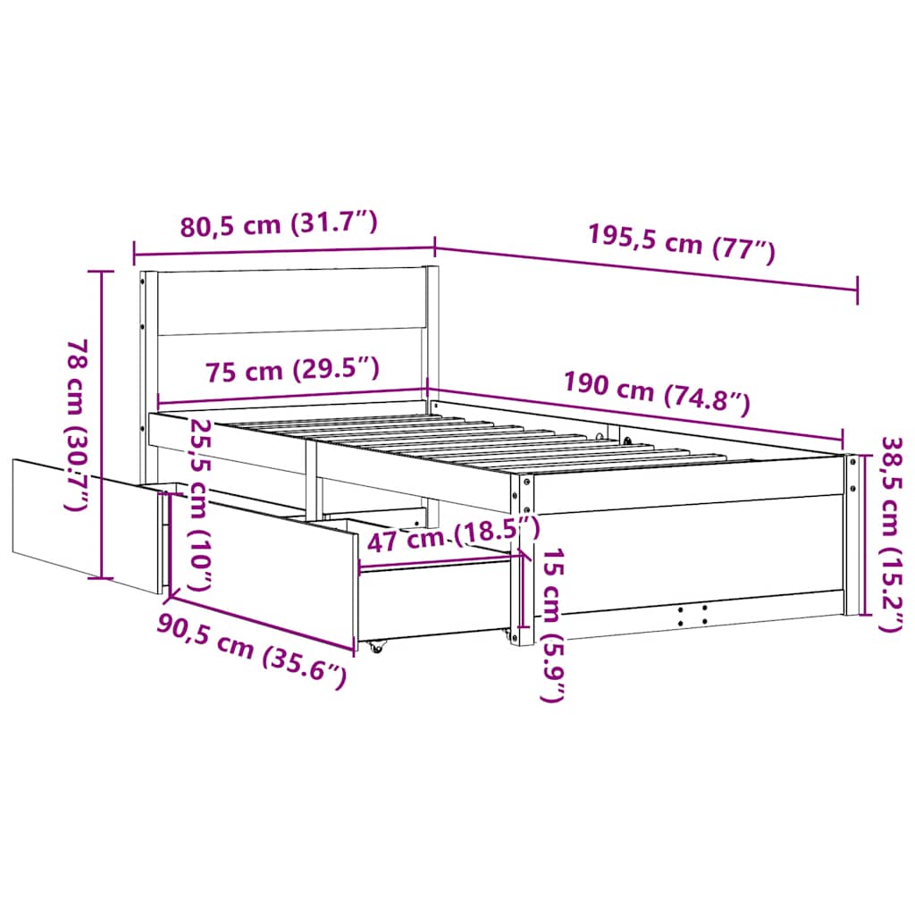 Letto senza Materasso Marrone Cera 75x190 cm in Legno di Pino | homemem39
