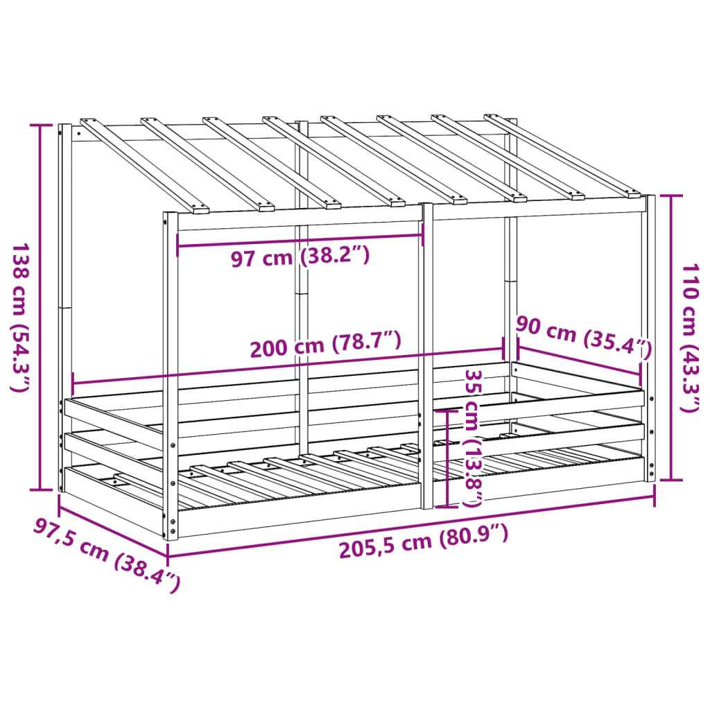 Letto per Bambini con Tetto 90x200 cm in Legno Massello di Pino | homemem39