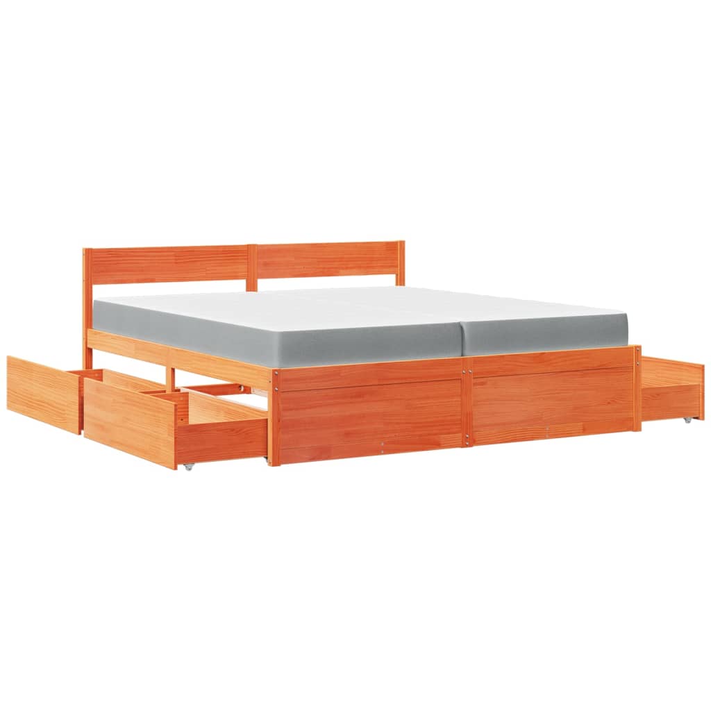 Letto Cassetti e Materasso Marrone Cera 200x200cm Massello Pino | homemem39