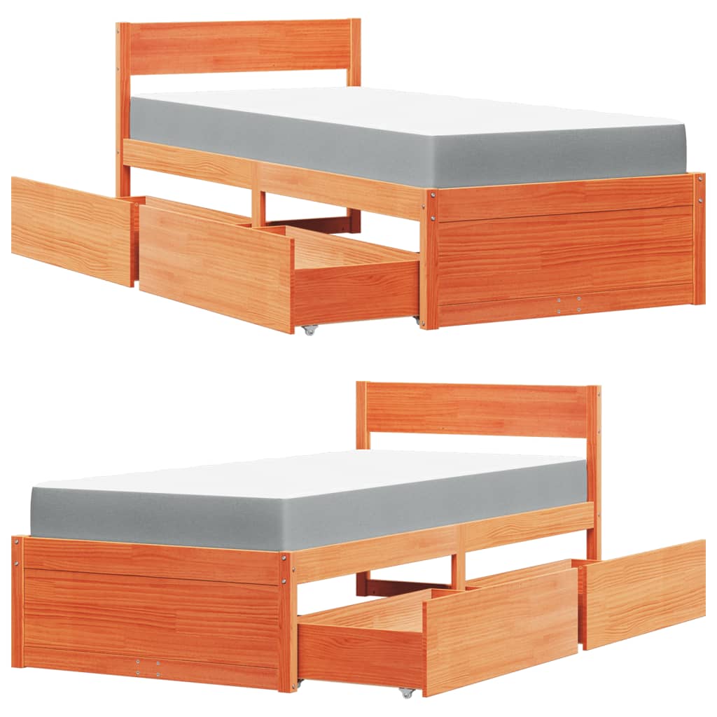 Letto Cassetti e Materasso Marrone Cera 100x200cm Massello Pino | homemem39