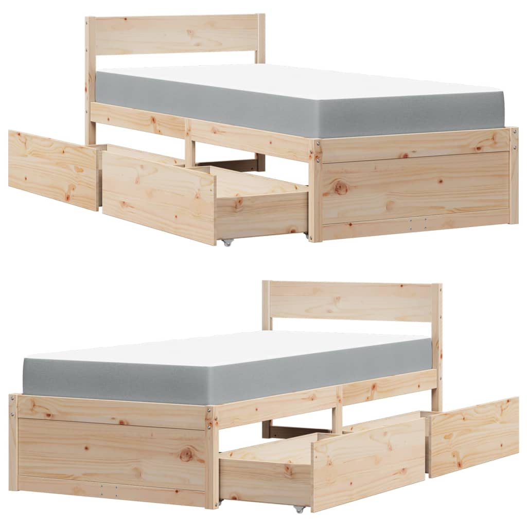 Letto con Cassetti e Materasso 90x200 cm Legno Massello di Pino | homemem39