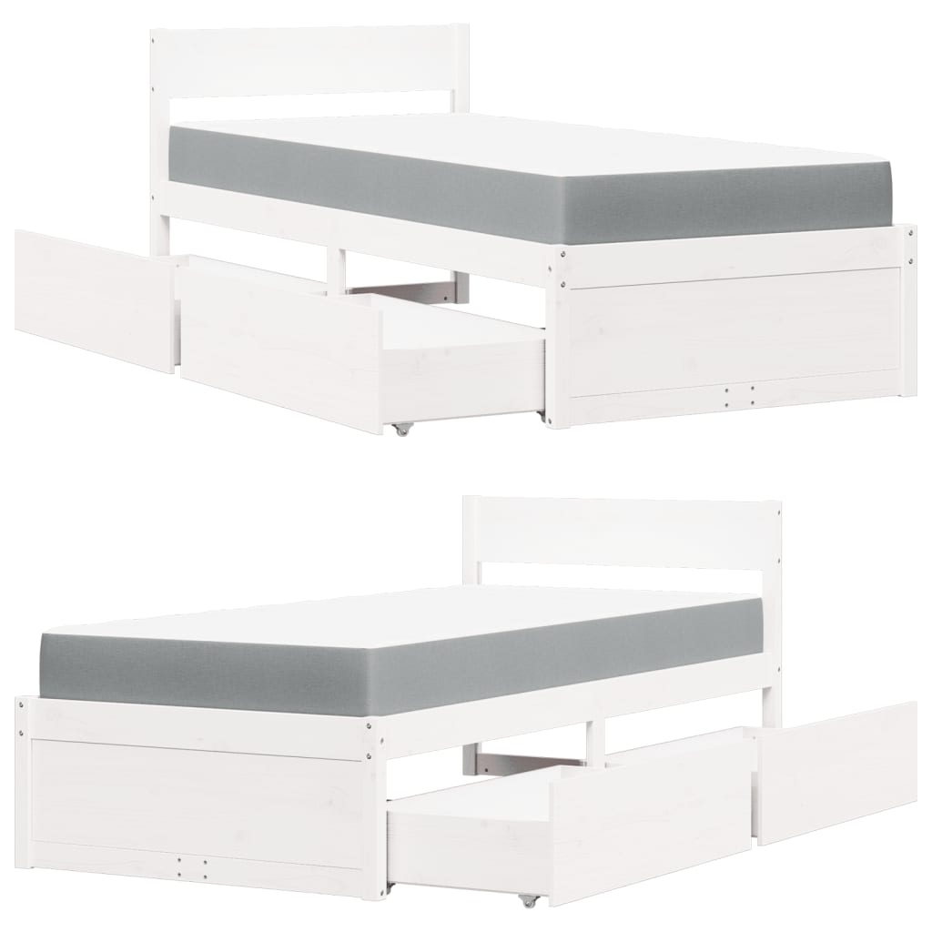 Letto Cassetti e Materasso Bianco 90x200 cm Legno Massello Pino | homemem39