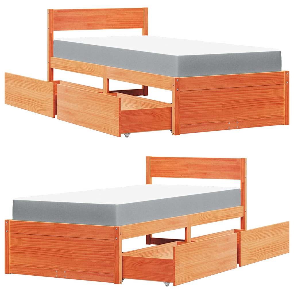 Letto Cassetti e Materasso Marrone Cera 90x200cm Massello Pino - homemem39