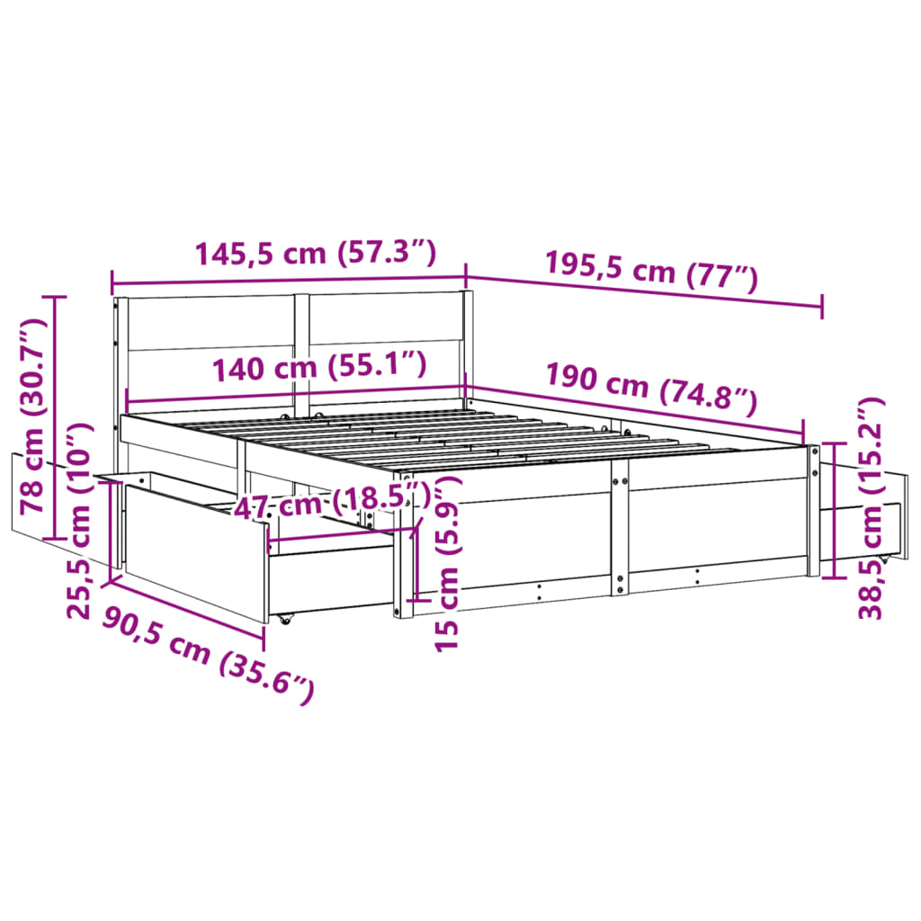 Letto senza Materasso Marrone Cera 140x190 cm in Legno di Pino | homemem39