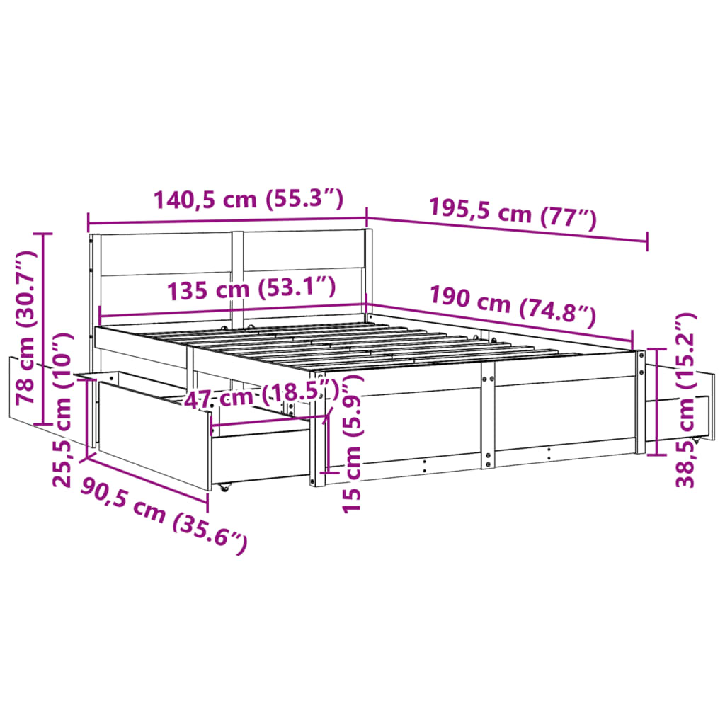 Letto senza Materasso Bianco 135x190 cm Legno Massello di Pino | homemem39