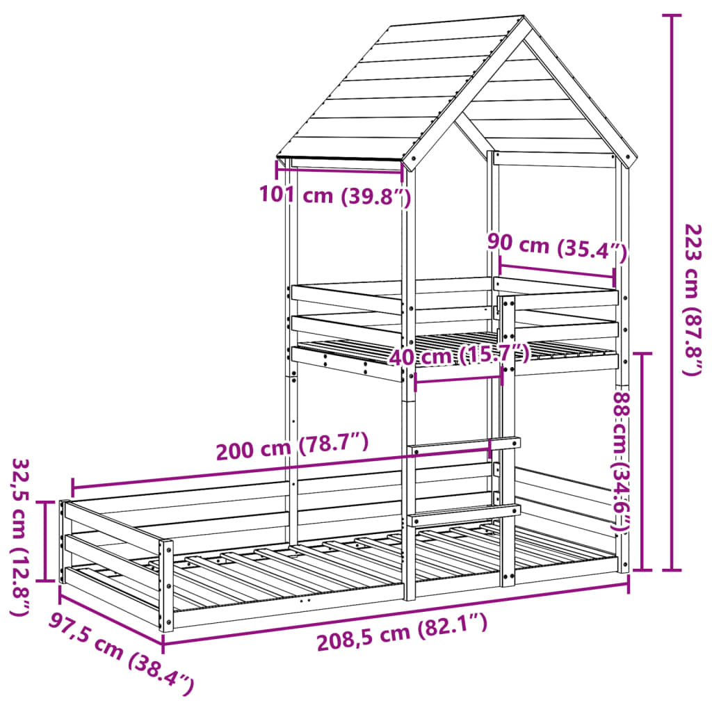 Letto a Castello con Tetto Bianco 90x200 cm in Legno di Pino | homemem39
