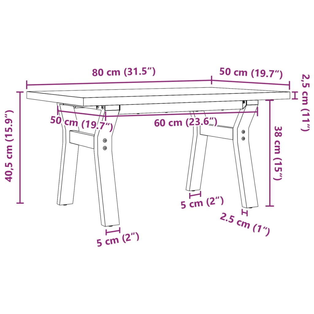 Tavolino Salotto Telaio a Y 80x50x40,5 cm Legno Pino e Acciaio | homemem39