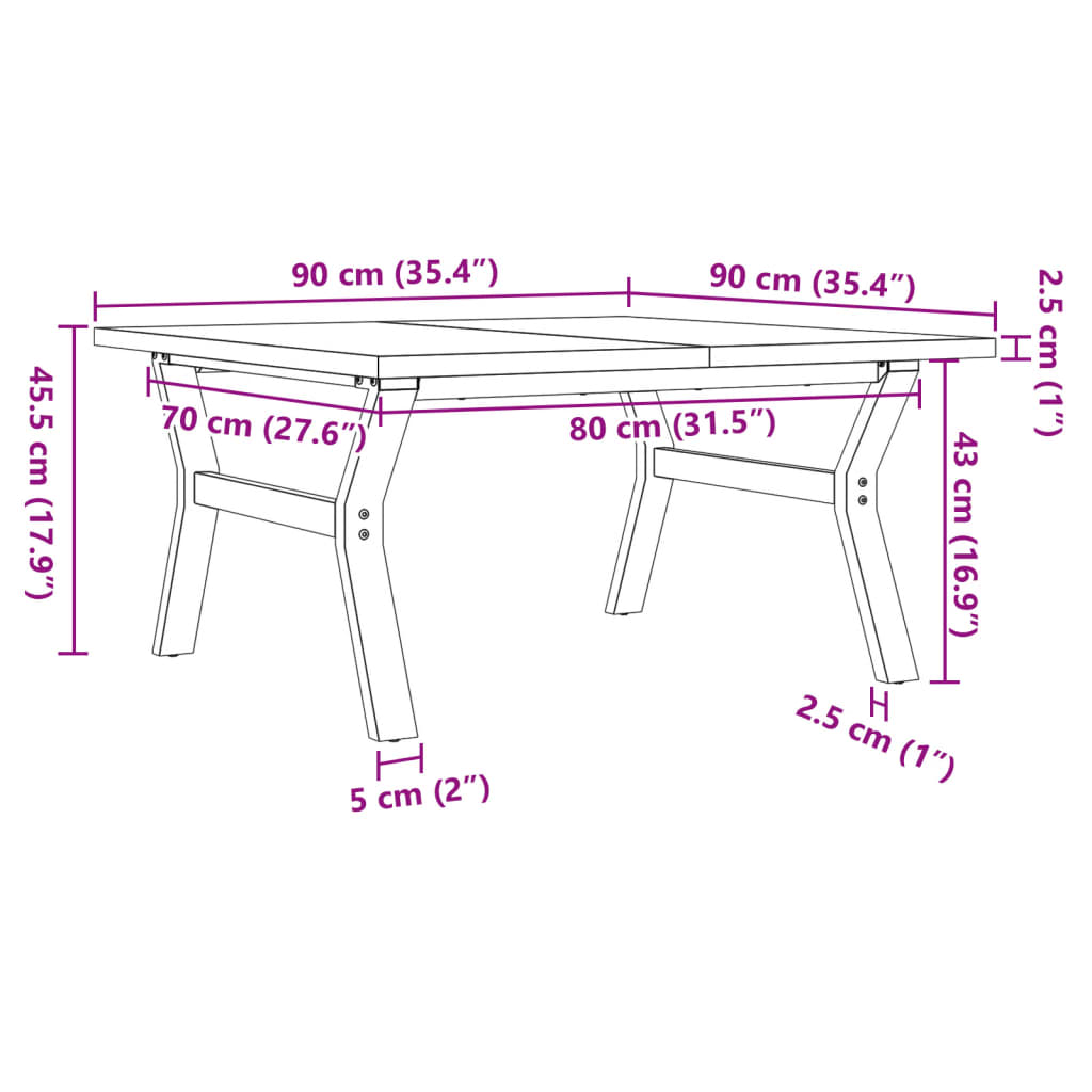 Tavolino Salotto Telaio a Y 90x90x45,5 cm Legno Pino e Acciaio | homemem39