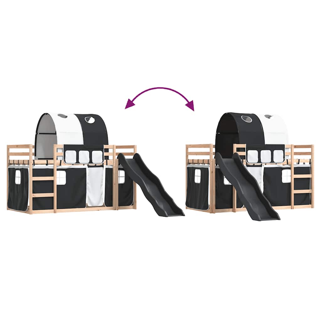 Letto a Castello con Scivolo e Tende Bianco e Nero 80x200 cm | homemem39