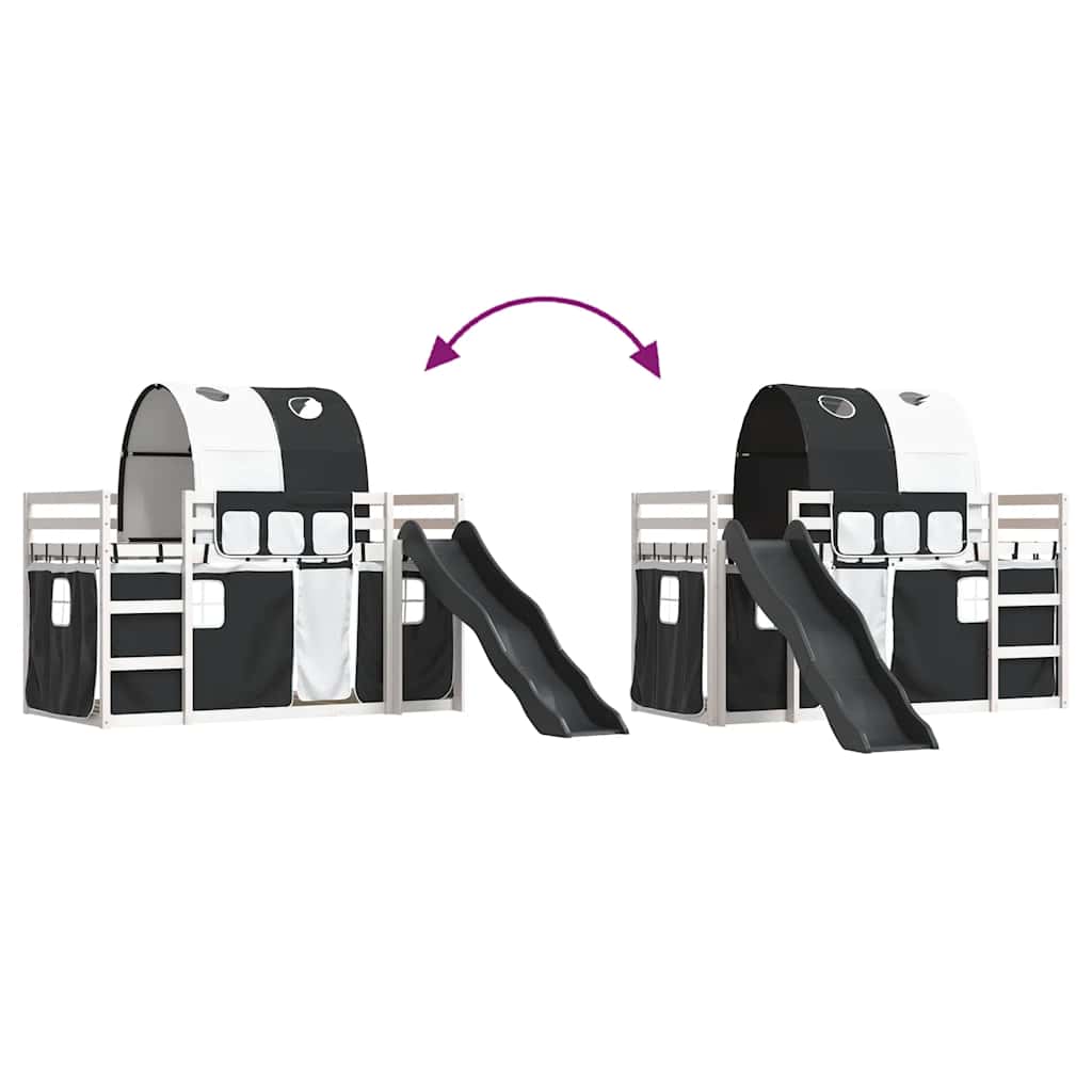 Letto a Castello con Scivolo e Tende Bianco e Nero 80x200 cm | homemem39