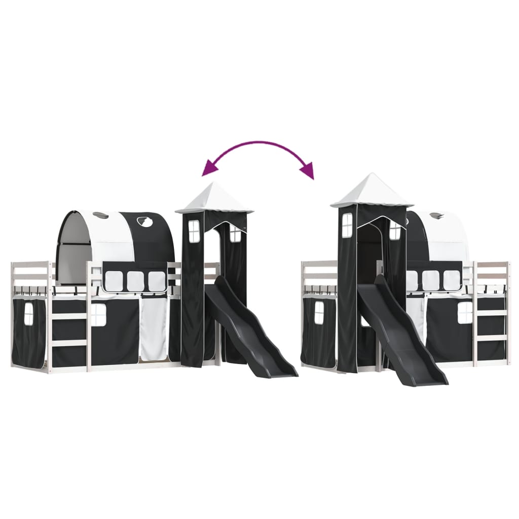 Letto a Castello con Scivolo e Tende Bianco e Nero 80x200 cm - homemem39