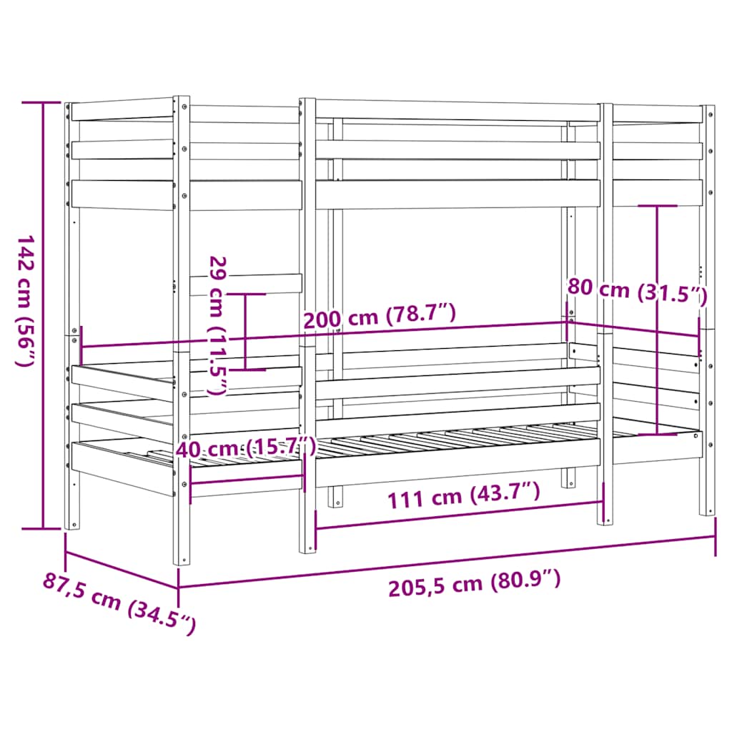 Letto a Castello Marrone Cera 80x200 cm in Legno di Pino | homemem39