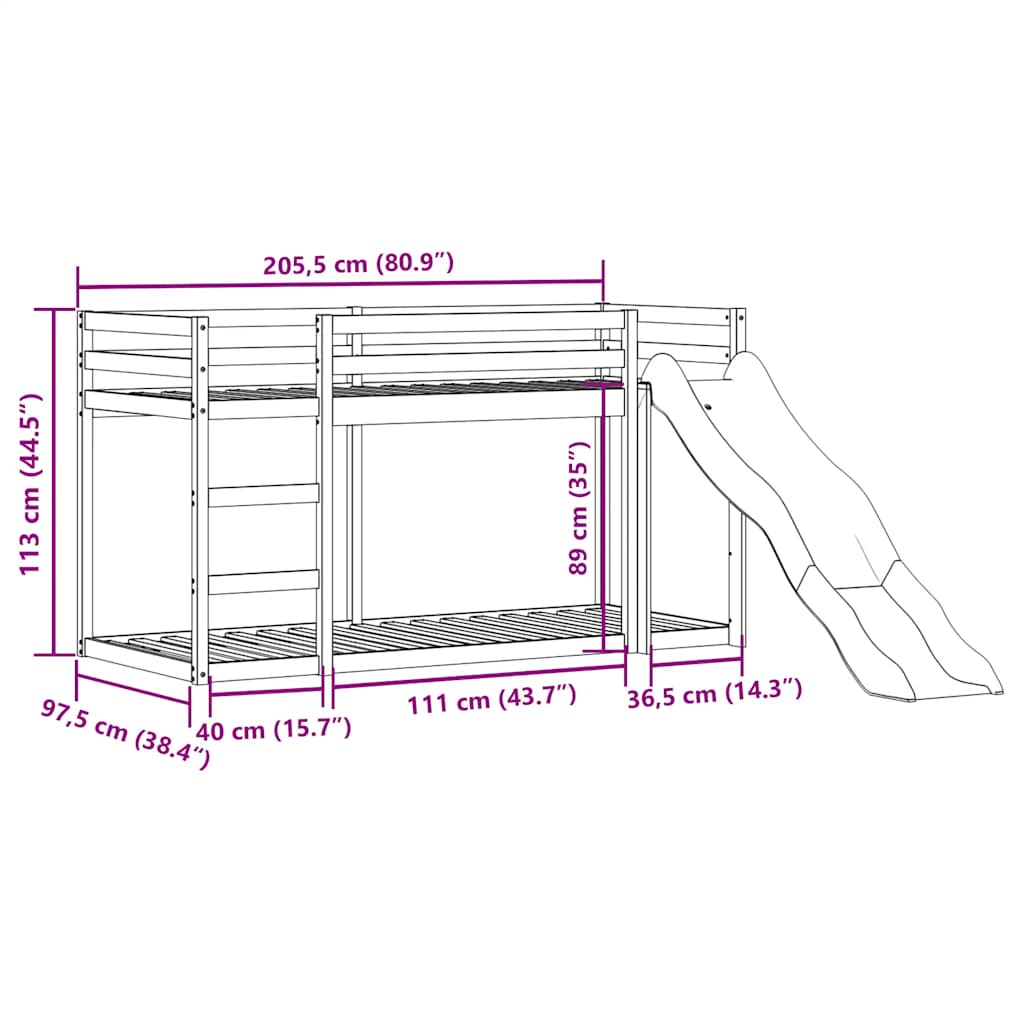 Letto a Castello Scivolo e Scala Bianco 90x200 cm Legno di Pino | homemem39