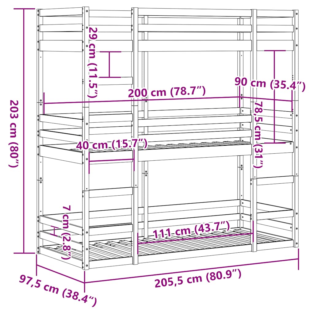 Letto Castello Triplo Marrone Cera 90x200cm Legno Massello Pino | homemem39