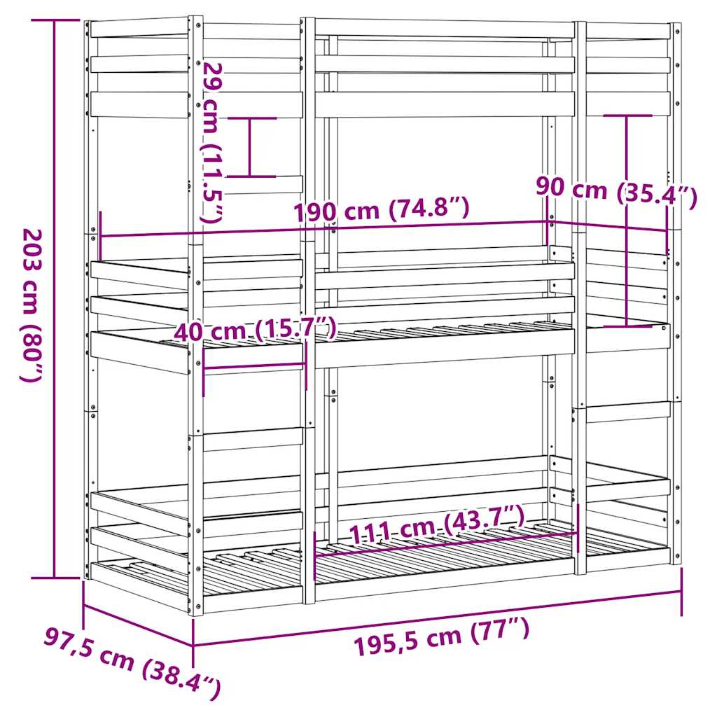 Letto a Castello Triplo Bianco 90x190 cm Legno Massello di Pino | homemem39