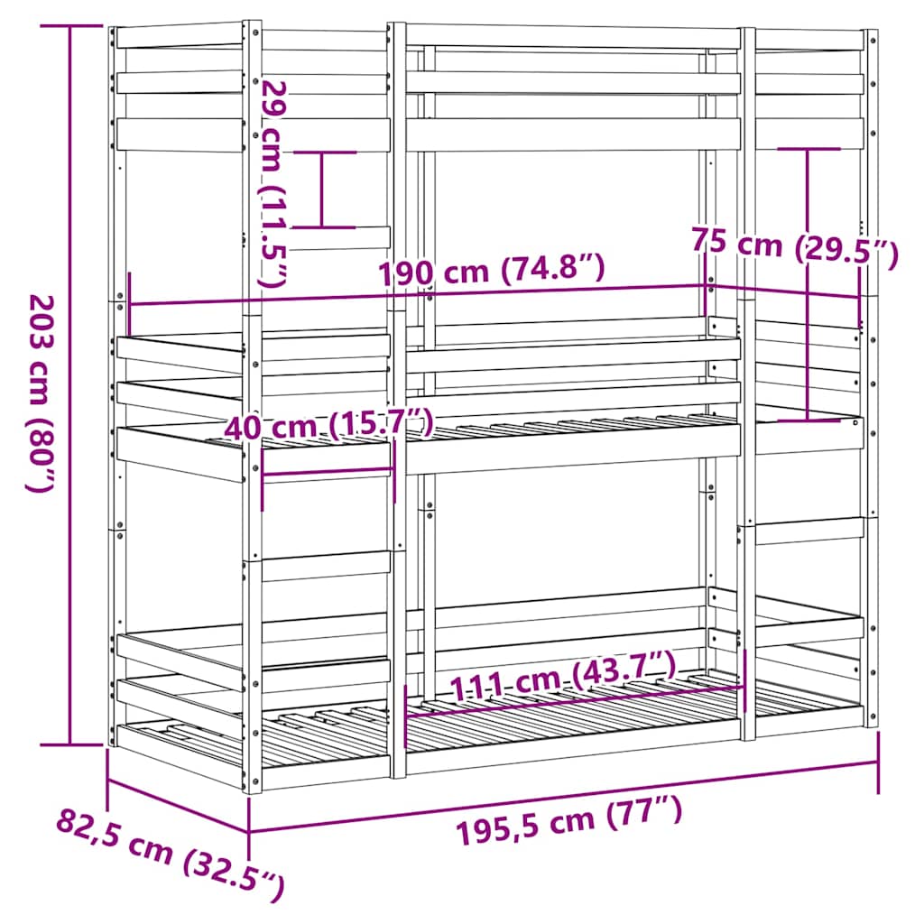 Letto Castello Triplo Marrone Cera 75x190cm Legno Massello Pino | homemem39
