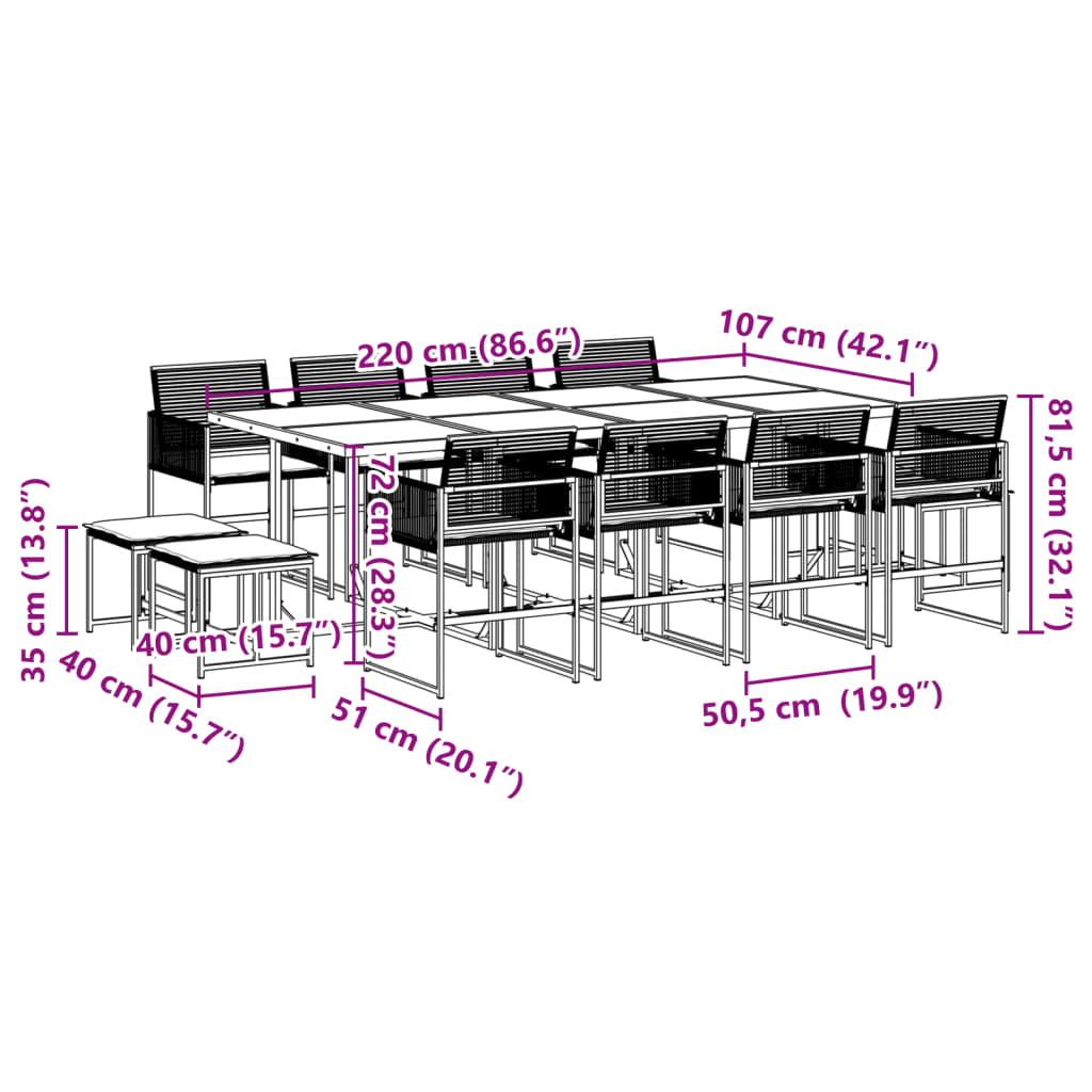Set da Pranzo da Giardino 13pz con Cuscini Nero in Polyrattan | homemem39