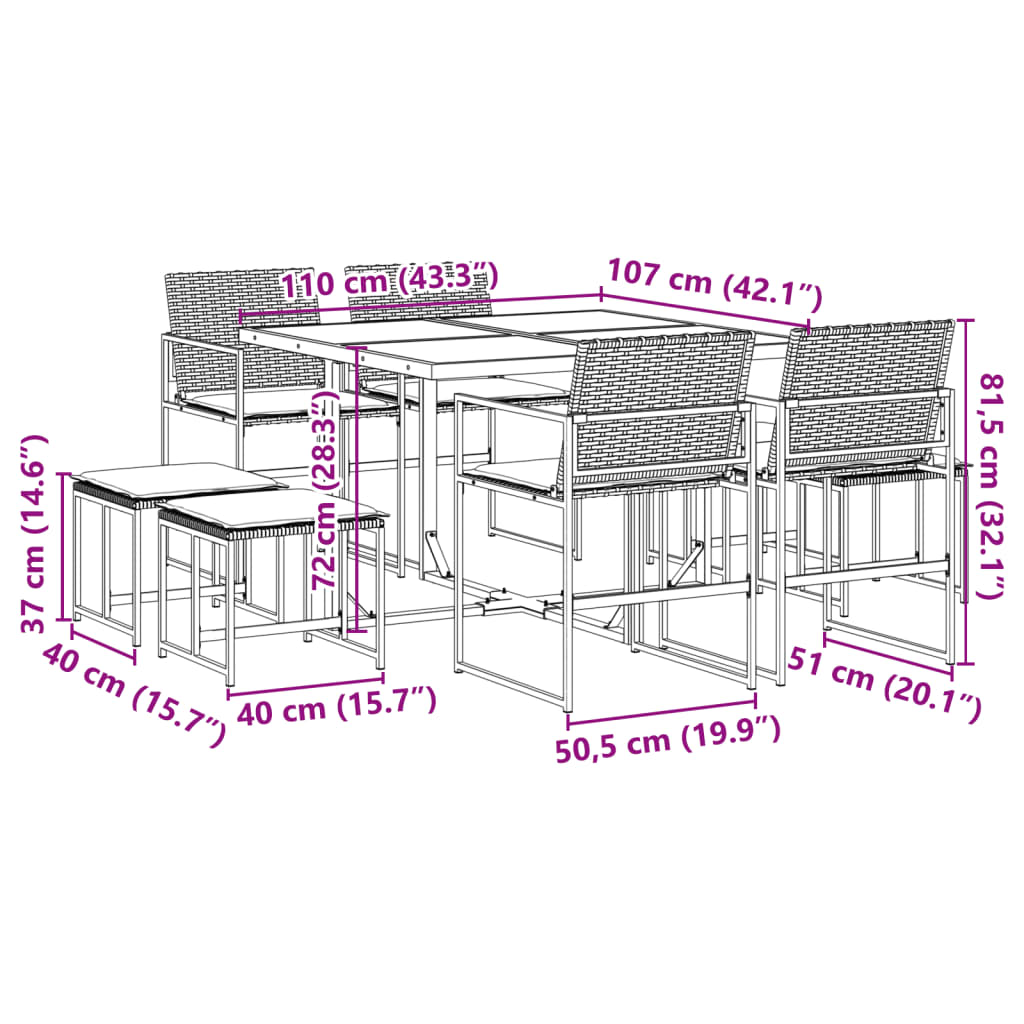 Set da Pranzo da Giardino 9 pz con Cuscini Nero in Polyrattan | homemem39