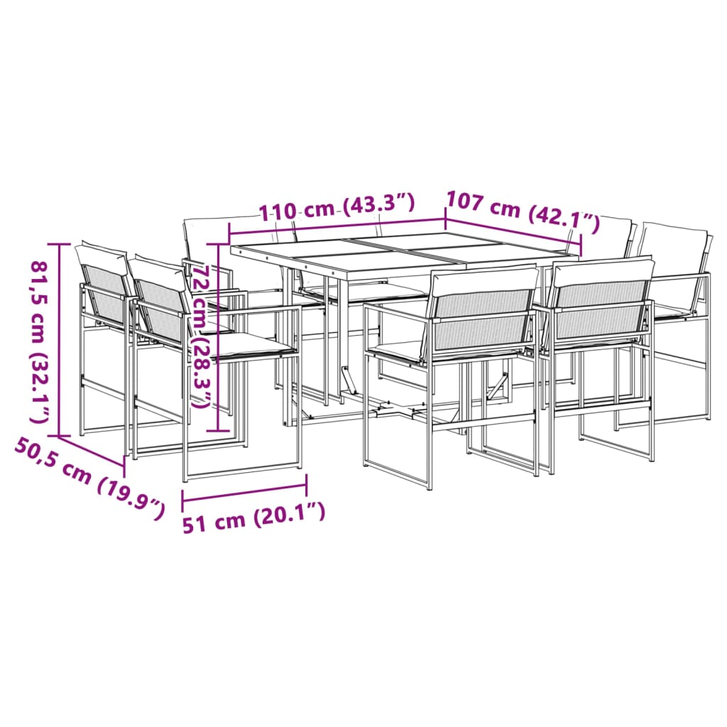 Set da Pranzo da Giardino 9 pz con Cuscini Bianco in Textilene