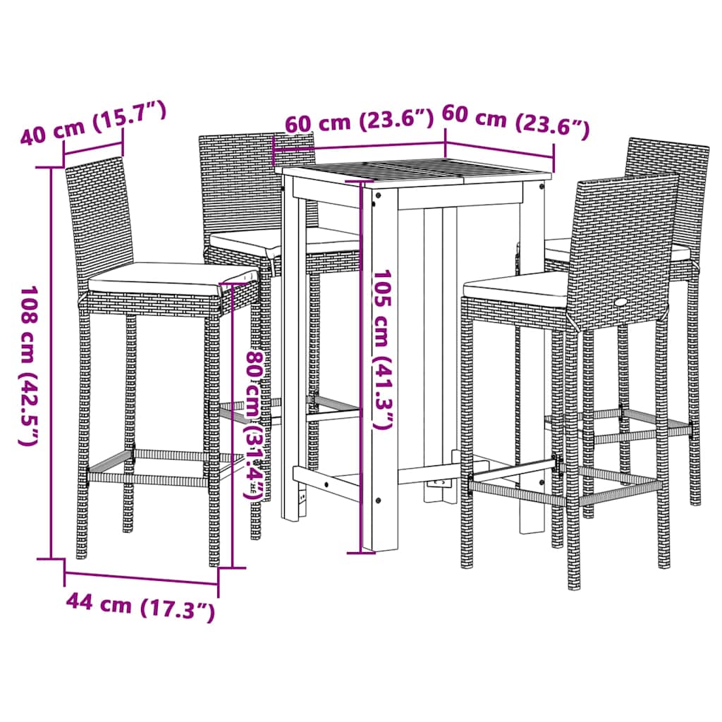 Set Bar da Giardino 5 pz Nero in Legno Acacia e Polyrattan | homemem39