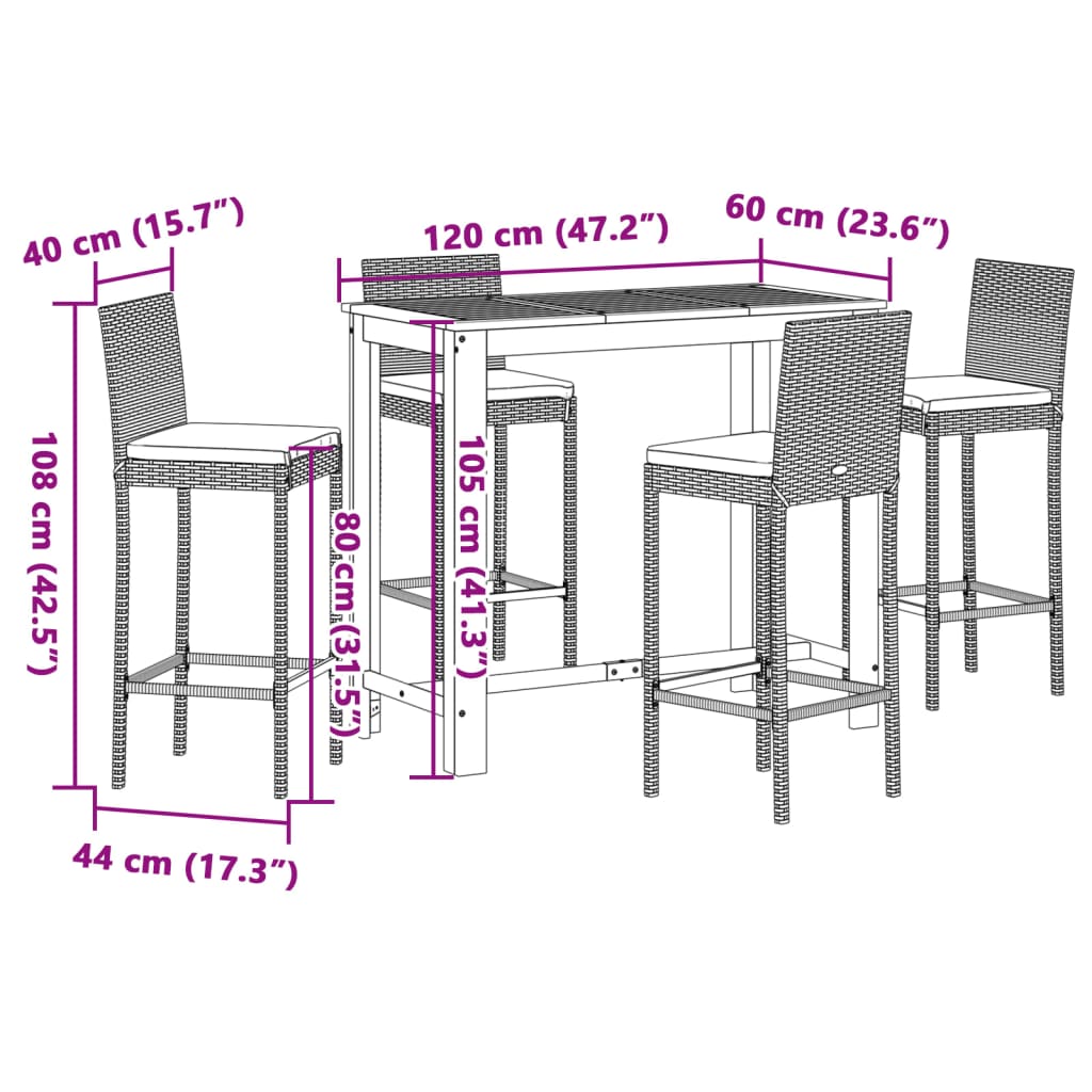 Set Bar Giardino 5pz Grigio Legno Massello Acacia e Polyrattan | homemem39