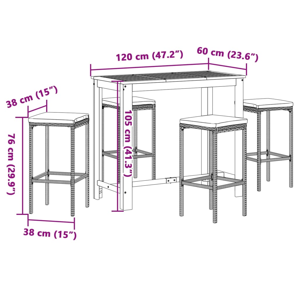 Set Bar Giardino 5pz Grigio Legno Massello Acacia e Polyrattan | homemem39