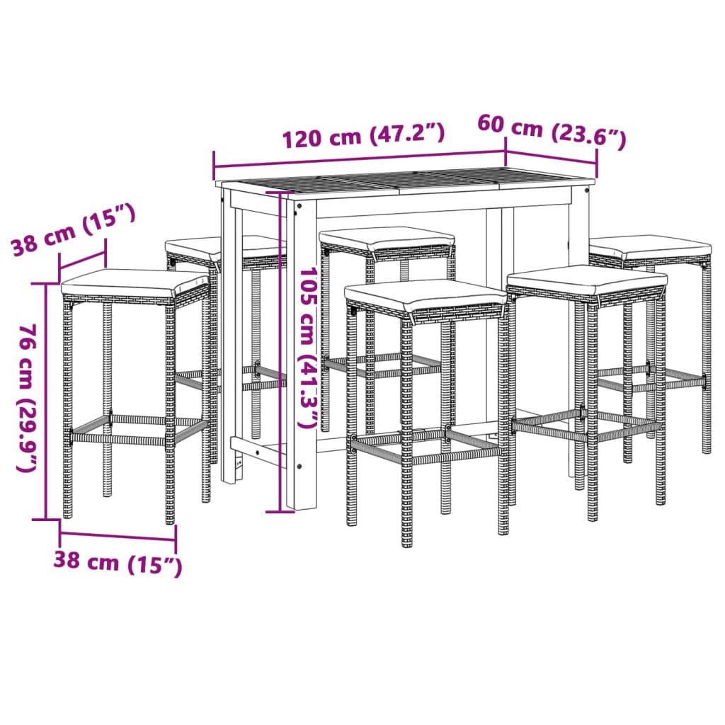 Set Bar da Giardino 7 pz Grigio in Legno Acacia e Polyrattan | homemem39