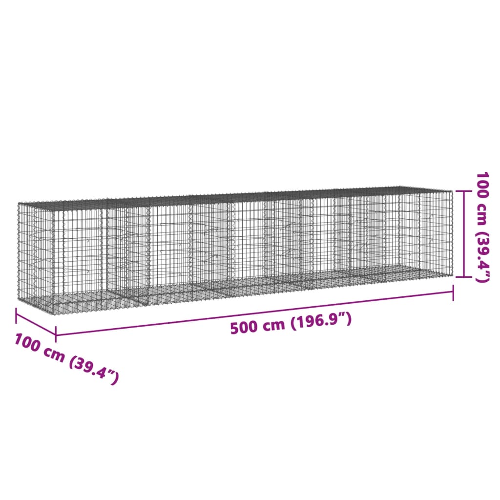 Cesto Gabbione con Copertura 500x100x100 cm in Ferro Zincato | homemem39