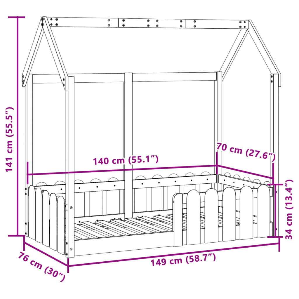 Giroletto Casetta per Bambini 70x140 cm Legno Massello di Pino | homemem39