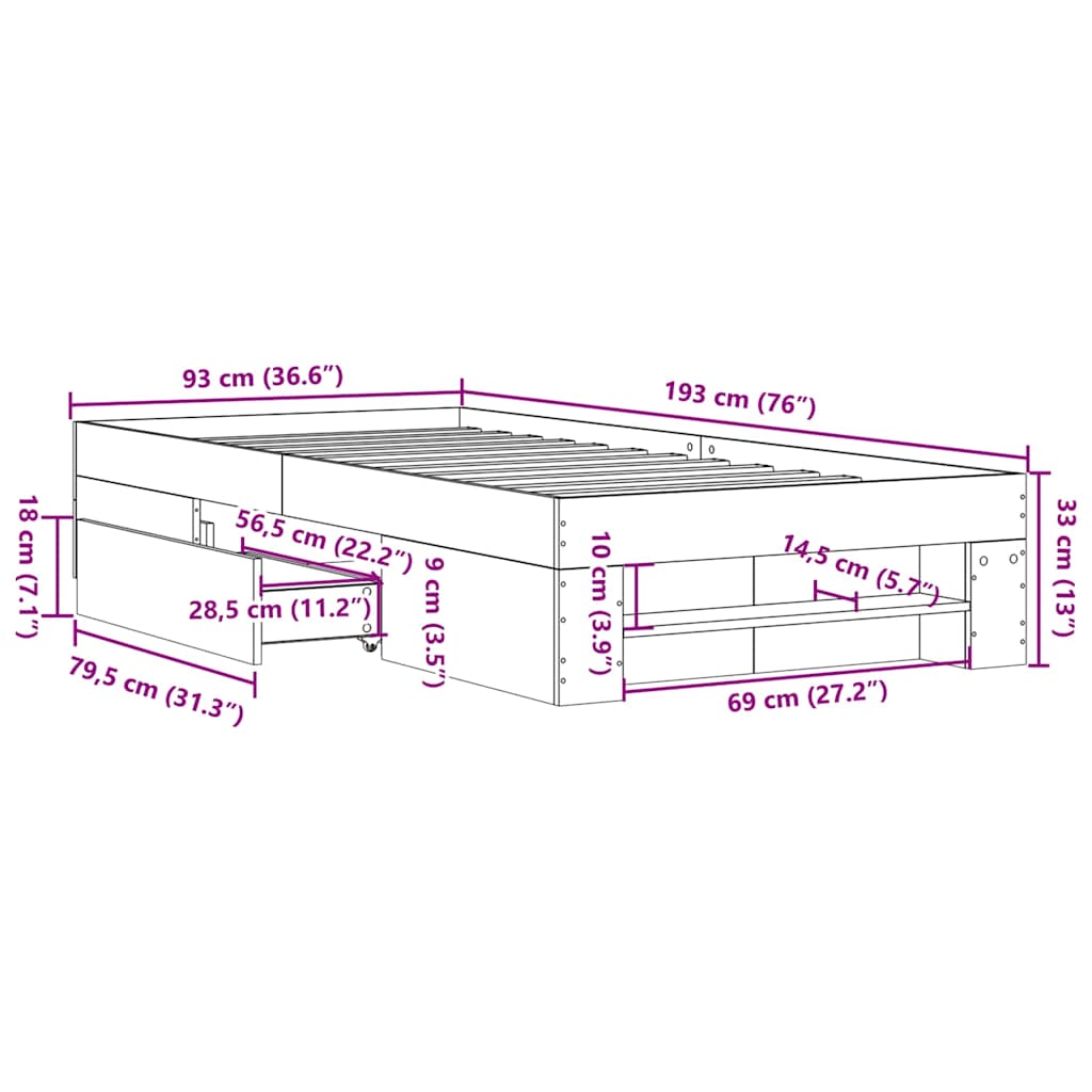 Giroletto senza Materasso Rovere Fumo 90x190 cm in Truciolato | homemem39