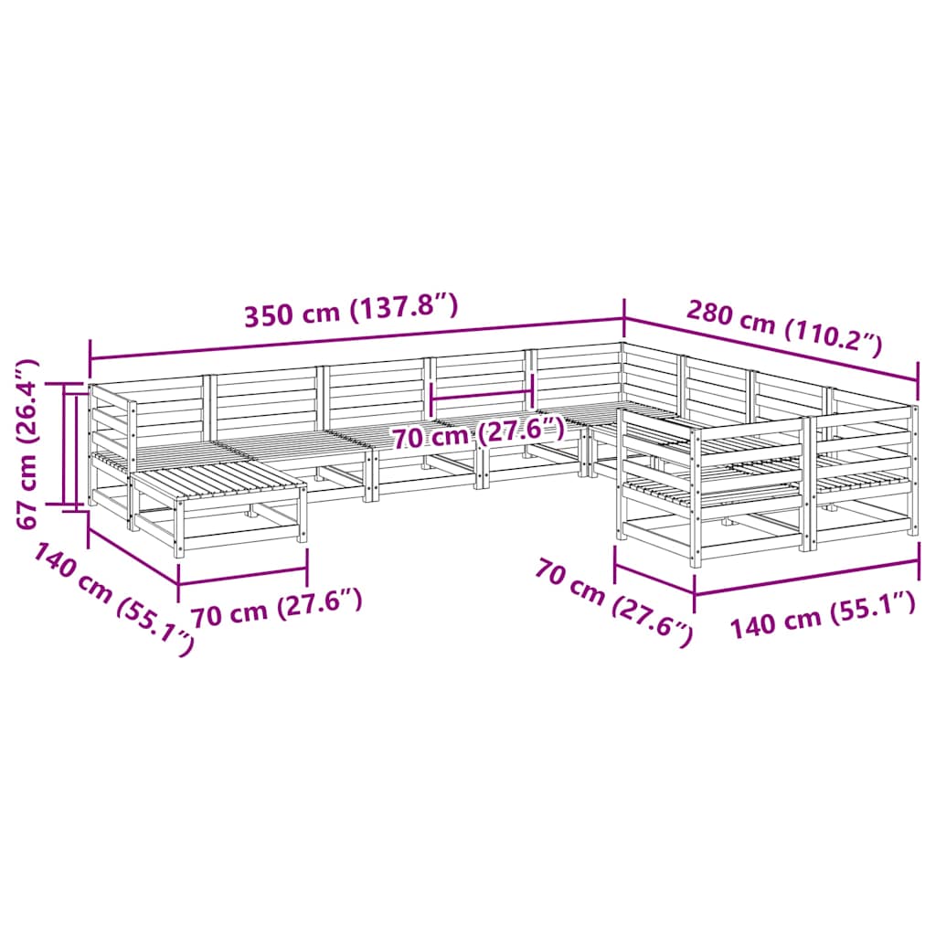 Set Divani da Giardino 10 pz in Legno Massello di Pino