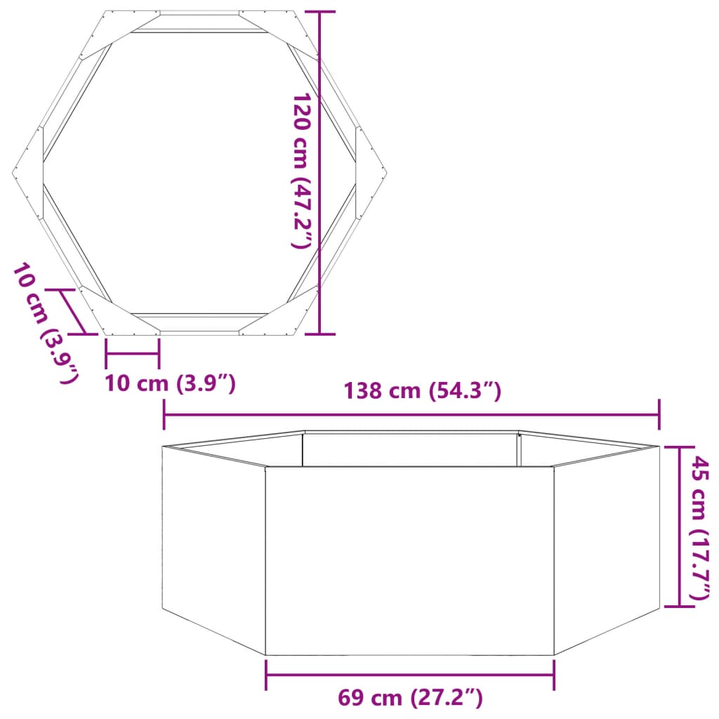 Fioriera da Giardino Nera Esagono 138x120x45 cm in Acciaio | homemem39