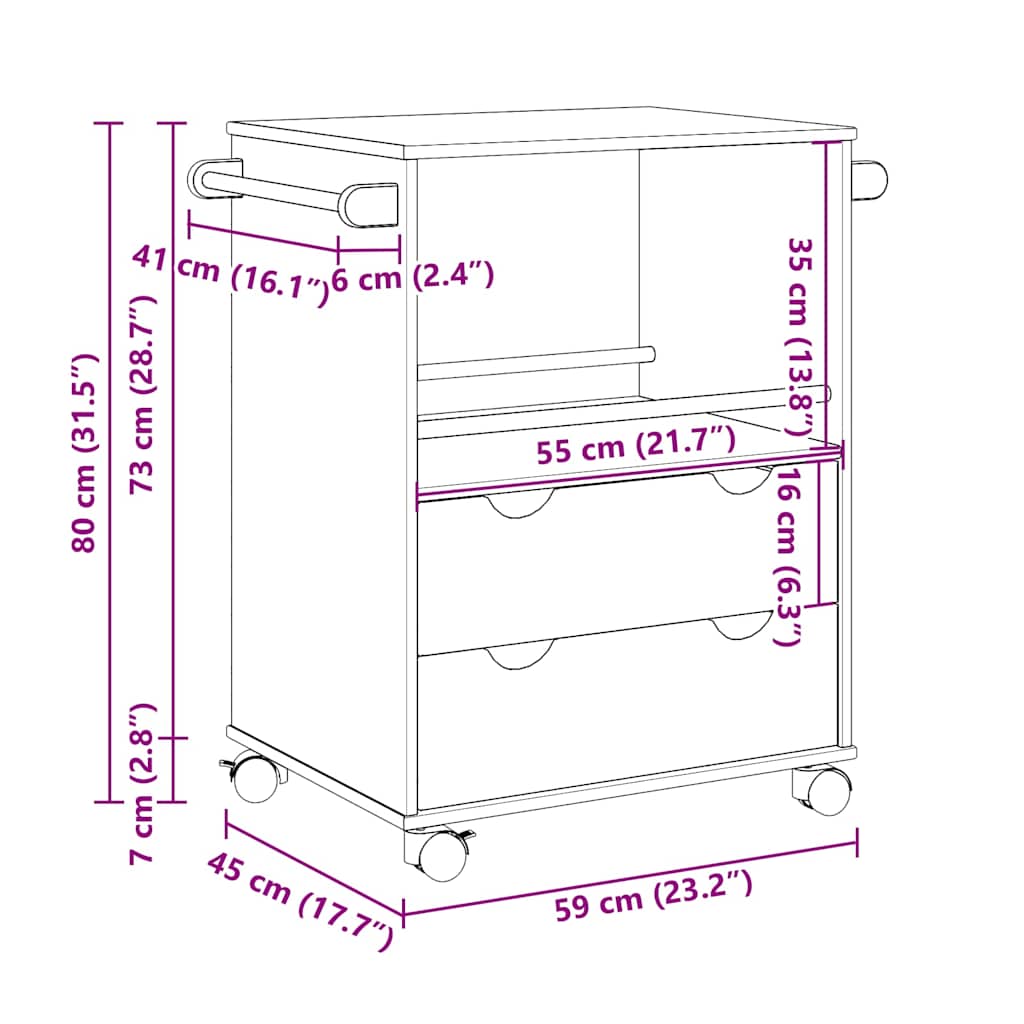 Carrello da Cucina OTTA 59x45x80 cm in Legno Massello di Pino - homemem39