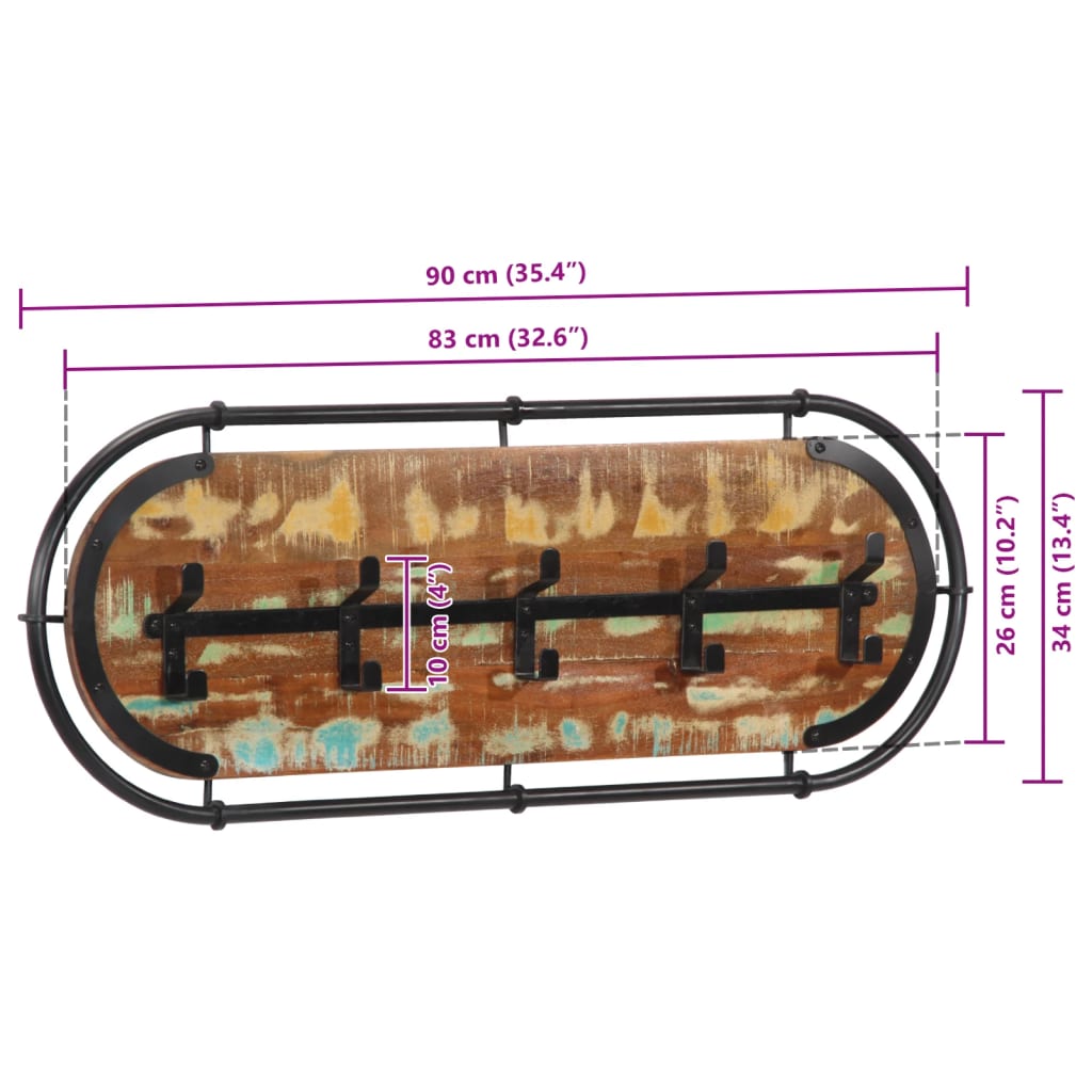 Appendiabiti da Parete con 5 Ganci in Legno Massello Recupero - homemem39