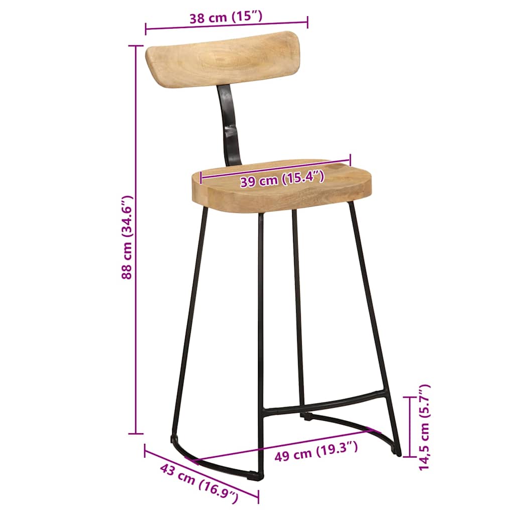 Sgabelli da Bar 2 pz 49x43x88 cm in Legno Massello di Mango - homemem39