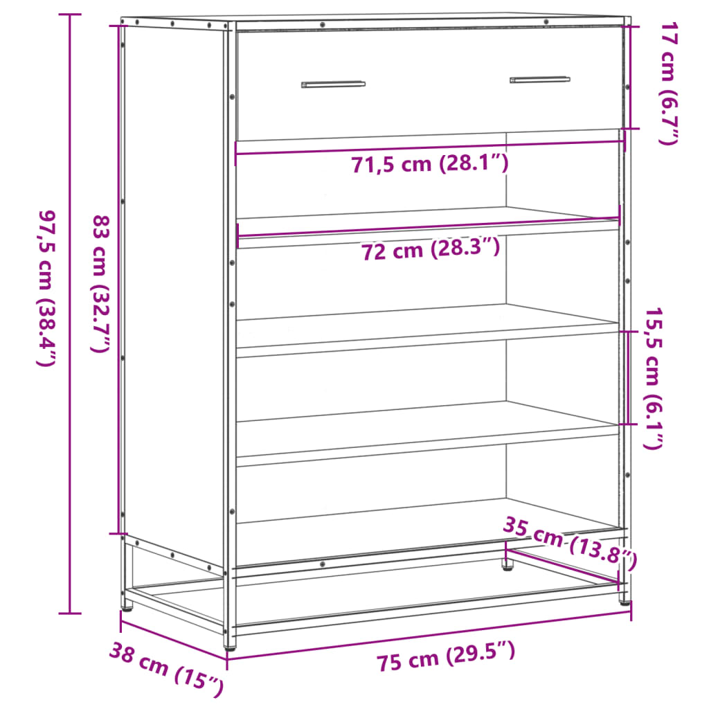 Scarpiera Rovere Sonoma 75x38x97,5 cm Legno Multistrato Metallo - homemem39