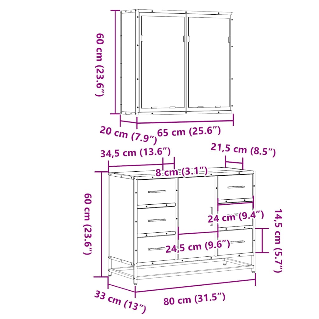 Set Mobili da Bagno 2 pz Rovere Fumo in Legno Multistrato | homemem39