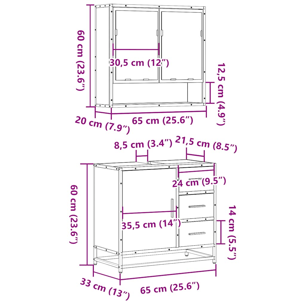 Set Mobili da Bagno 2 pz Rovere Fumo in Legno Multistrato | homemem39