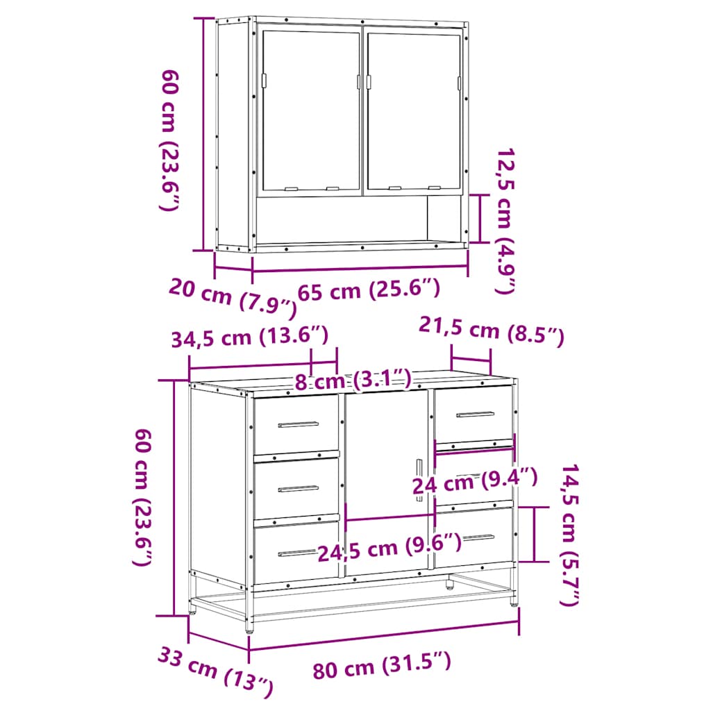 Set Mobili da Bagno 2 pz Rovere Fumo in Legno Multistrato | homemem39