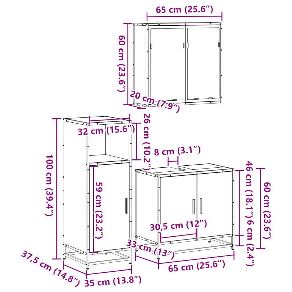 Set Mobili da Bagno 3 pz Rovere Fumo in Legno Multistrato | homemem39